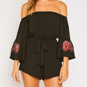 Feathers Short Romper Women's L Black Bell Sleeve Embroidered Off Shoulder
